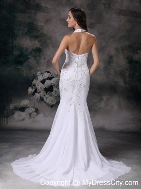 Mermaid Halter Top Court Train Chiffon Beading Wedding Dress
