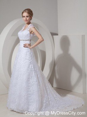 Princess Straps Court Train Wedding Gown with Lace Beading