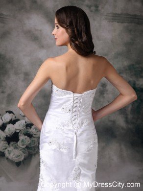 Column Brush Train Appliques Decorated Satin Dress for Wedding