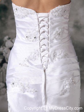 Column Brush Train Appliques Decorated Satin Dress for Wedding