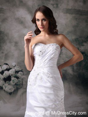 Column Brush Train Appliques Decorated Satin Dress for Wedding
