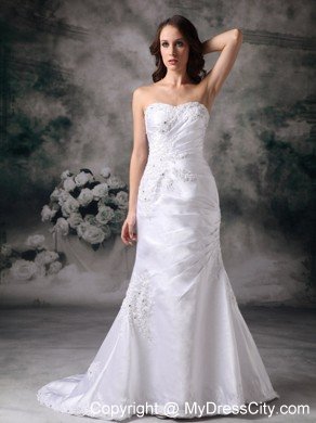 Column Brush Train Appliques Decorated Satin Dress for Wedding
