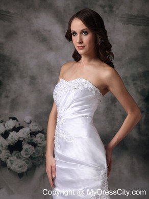 Column Brush Train Appliques Decorated Satin Dress for Wedding