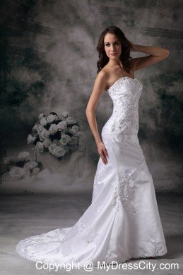 Column Brush Train Appliques Decorated Satin Dress for Wedding