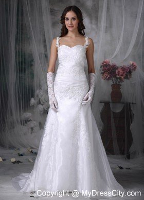 Straps Brush Train Organza Appliques and Ruches Wedding Gown