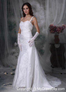 Straps Brush Train Organza Appliques and Ruches Wedding Gown