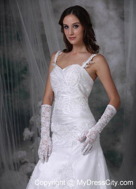 Straps Brush Train Organza Appliques and Ruches Wedding Gown