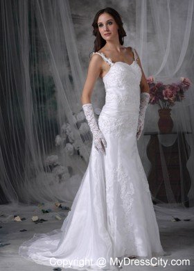Straps Brush Train Organza Appliques and Ruches Wedding Gown