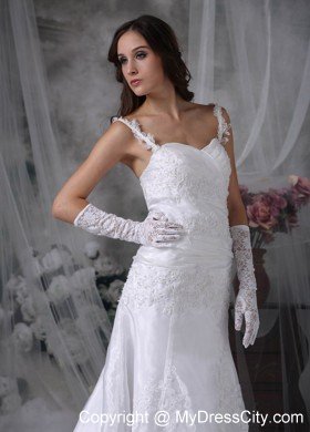 Straps Brush Train Organza Appliques and Ruches Wedding Gown
