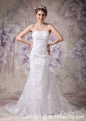 Mermaid Strapless Court Train Lace Appliques Dress for Wedding
