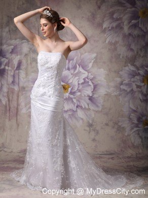 Mermaid Strapless Court Train Lace Appliques Dress for Wedding
