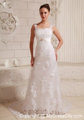 Straps Column Lace and Satin Brush Train Beading Wedding Dress