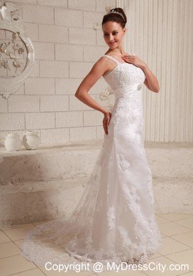 Straps Column Lace and Satin Brush Train Beading Wedding Dress