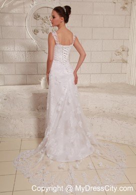 Straps Column Lace and Satin Brush Train Beading Wedding Dress