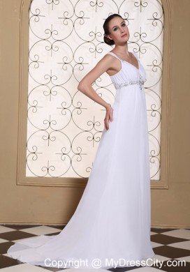 Wedding Gown for V-neck Beading Bust Chiffon Brush Train