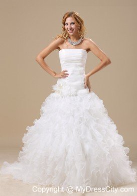 Ruffles Decorated Organza Wedding Dress with Hand Made Flowers