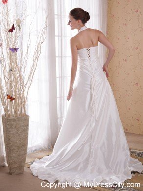 White Halter Top Brush Ttrain Taffeta Beading Wedding Bridal Gown