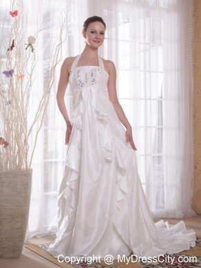 White Halter Top Brush Ttrain Taffeta Beading Wedding Bridal Gown