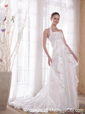 White Halter Top Brush Ttrain Taffeta Beading Wedding Bridal Gown