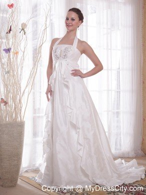 White Halter Top Brush Ttrain Taffeta Beading Wedding Bridal Gown