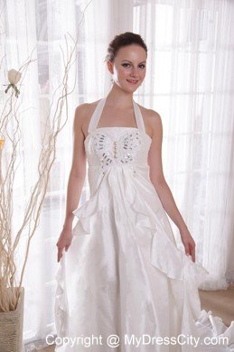 White Halter Top Brush Ttrain Taffeta Beading Wedding Bridal Gown