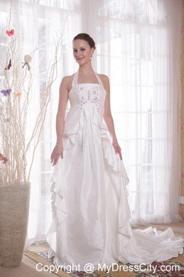 White Halter Top Brush Ttrain Taffeta Beading Wedding Bridal Gown