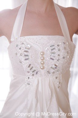 White Halter Top Brush Ttrain Taffeta Beading Wedding Bridal Gown