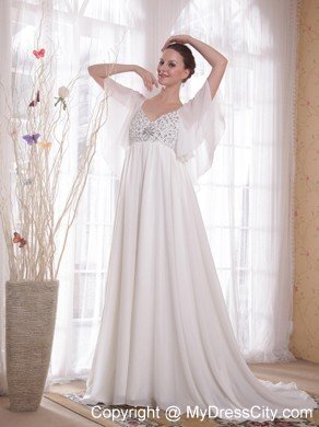 Princess V-neck Court Train Chiffon Beading Maternity Bride Dress