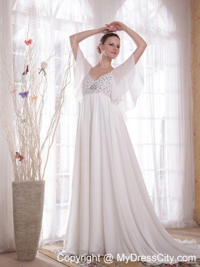 Princess V-neck Court Train Chiffon Beading Maternity Bride Dress