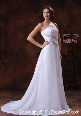 White Princess Strapless Court Train Beaded Chiffon Dress for Wedding