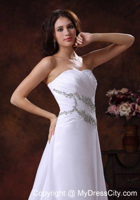 White Princess Strapless Court Train Beaded Chiffon Dress for Wedding