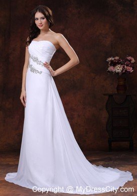 White Princess Strapless Court Train Beaded Chiffon Dress for Wedding