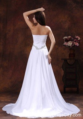 White Princess Strapless Court Train Beaded Chiffon Dress for Wedding