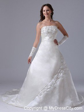 Embroidery Decorated Court Train Satin Wedding Gown With Ruches