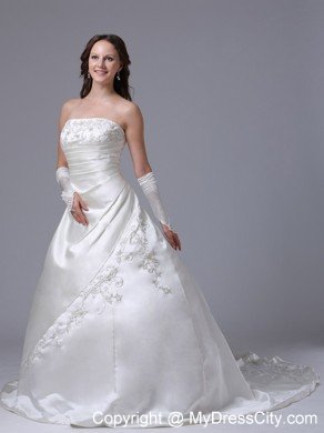 Embroidery Decorated Court Train Satin Wedding Gown With Ruches