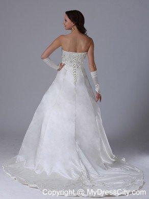 Embroidery Decorated Court Train Satin Wedding Gown With Ruches