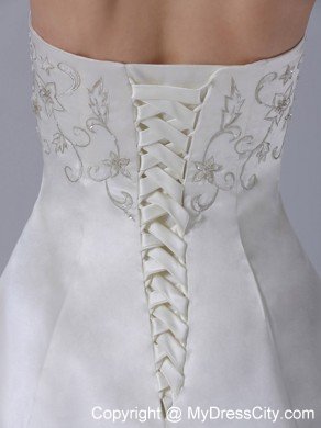 Embroidery Decorated Court Train Satin Wedding Gown With Ruches