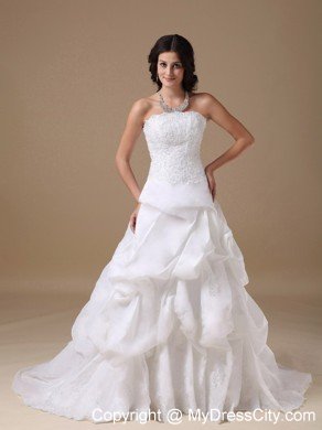 Ruffles and Lace Decorated Strapless Court Train Taffeta Wedding Dress