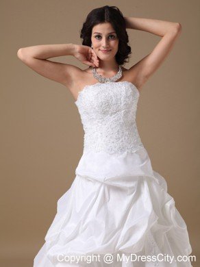 Ruffles and Lace Decorated Strapless Court Train Taffeta Wedding Dress