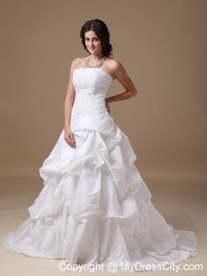 Ruffles and Lace Decorated Strapless Court Train Taffeta Wedding Dress