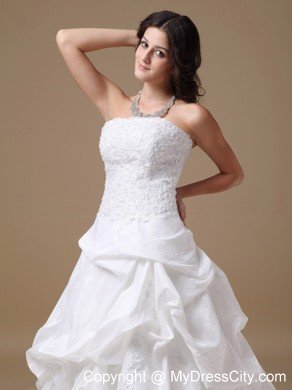 Ruffles and Lace Decorated Strapless Court Train Taffeta Wedding Dress