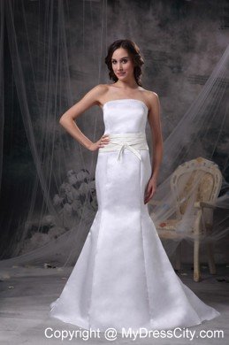 White Mermaid Strapless Brush Train Satin Wedding Dress with Belt