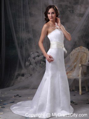 White Mermaid Strapless Brush Train Satin Wedding Dress with Belt