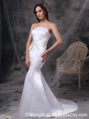 White Mermaid Strapless Brush Train Satin Wedding Dress with Belt