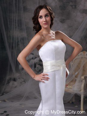 White Mermaid Strapless Brush Train Satin Wedding Dress with Belt