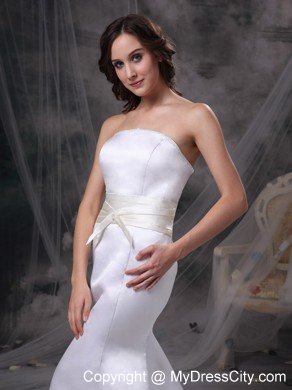 White Mermaid Strapless Brush Train Satin Wedding Dress with Belt
