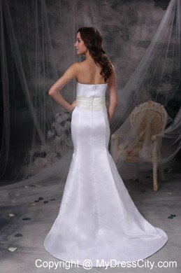 White Mermaid Strapless Brush Train Satin Wedding Dress with Belt