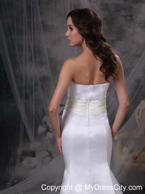 White Mermaid Strapless Brush Train Satin Wedding Dress with Belt