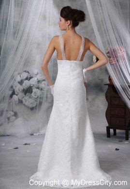 V-neck Lace Decorate Bust Brush Train Wedding Gown with Beading