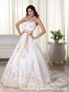 Strapless Court Train Satin Wedding Dress with Appliques and Bowknot